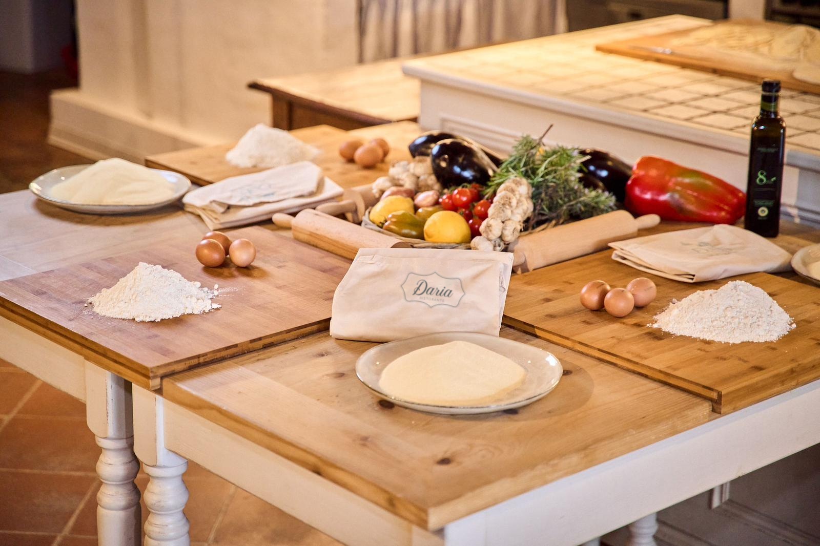 The tables set up for a cooking class at Ristorante Daria